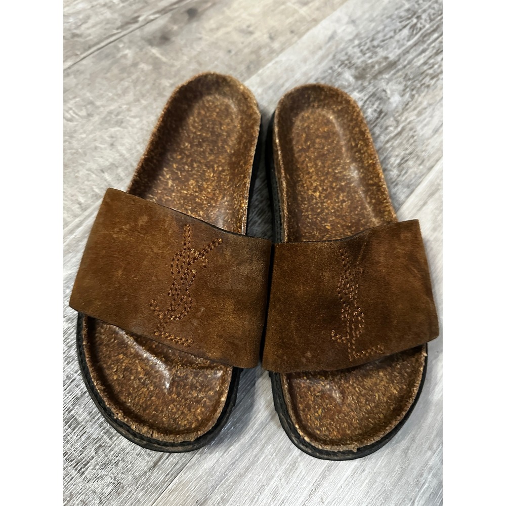 Saint Laurent Brown Suede Joan YSL Embr Slide Logo Cork Slide Sandal Size 34.5